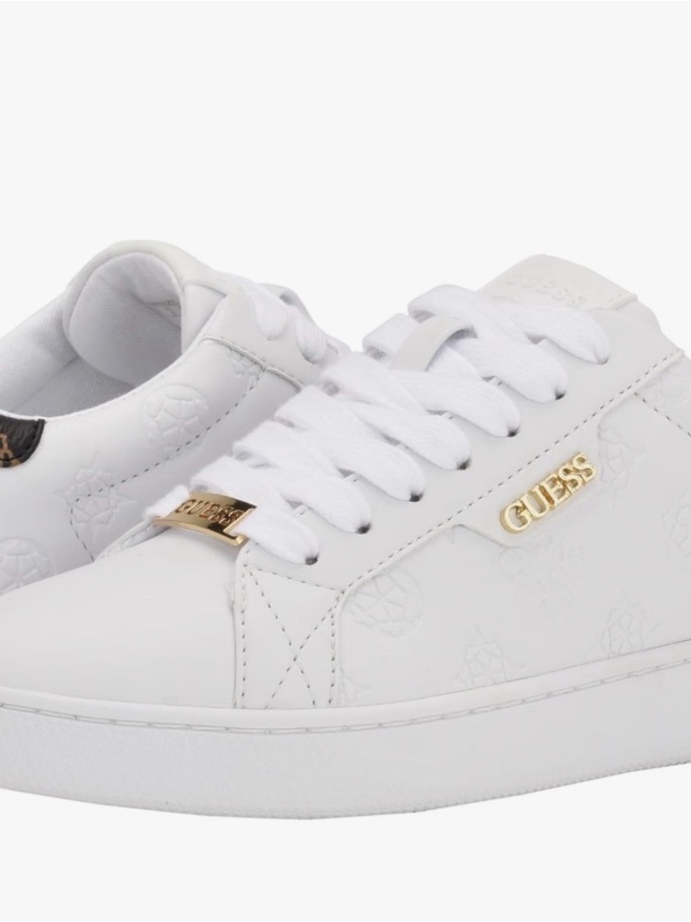 GUESS White Leather Low-Top Sneakers with Gold Accents